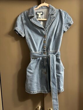 Short-Sleeve Denim Romper with Adjustable Tie Belt